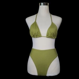 Vtg 80s Newport News  2PC Bikini Set Size 6 High Waist Hi-Cut Olive Green Beach